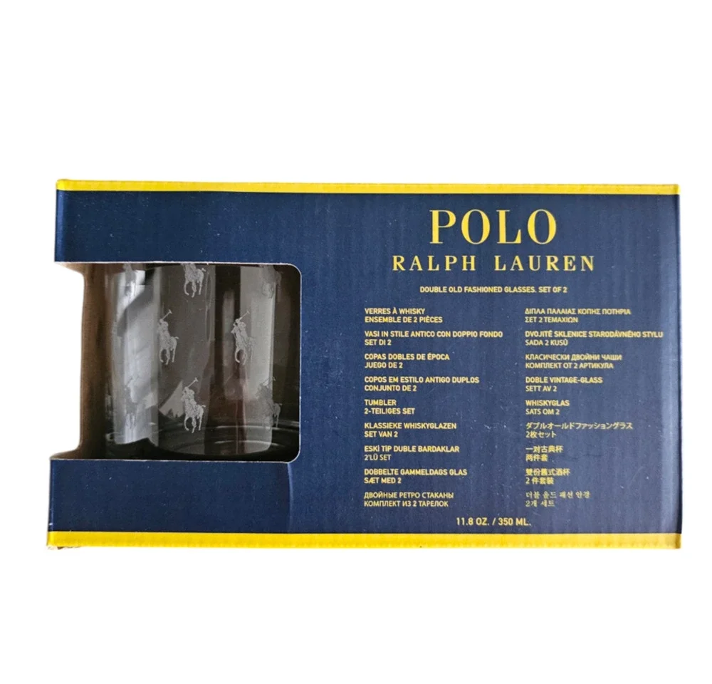 Set of 2 POLO Ralph Lauren Double Old Fashioned Etched Tumbler Glasses NEW